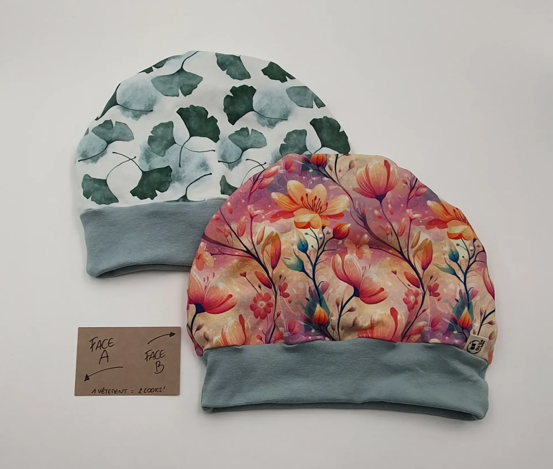 Bonnet réversible avec bord-côte FLEURS ORANGES/GINKO (Taille 0 (0-2M))