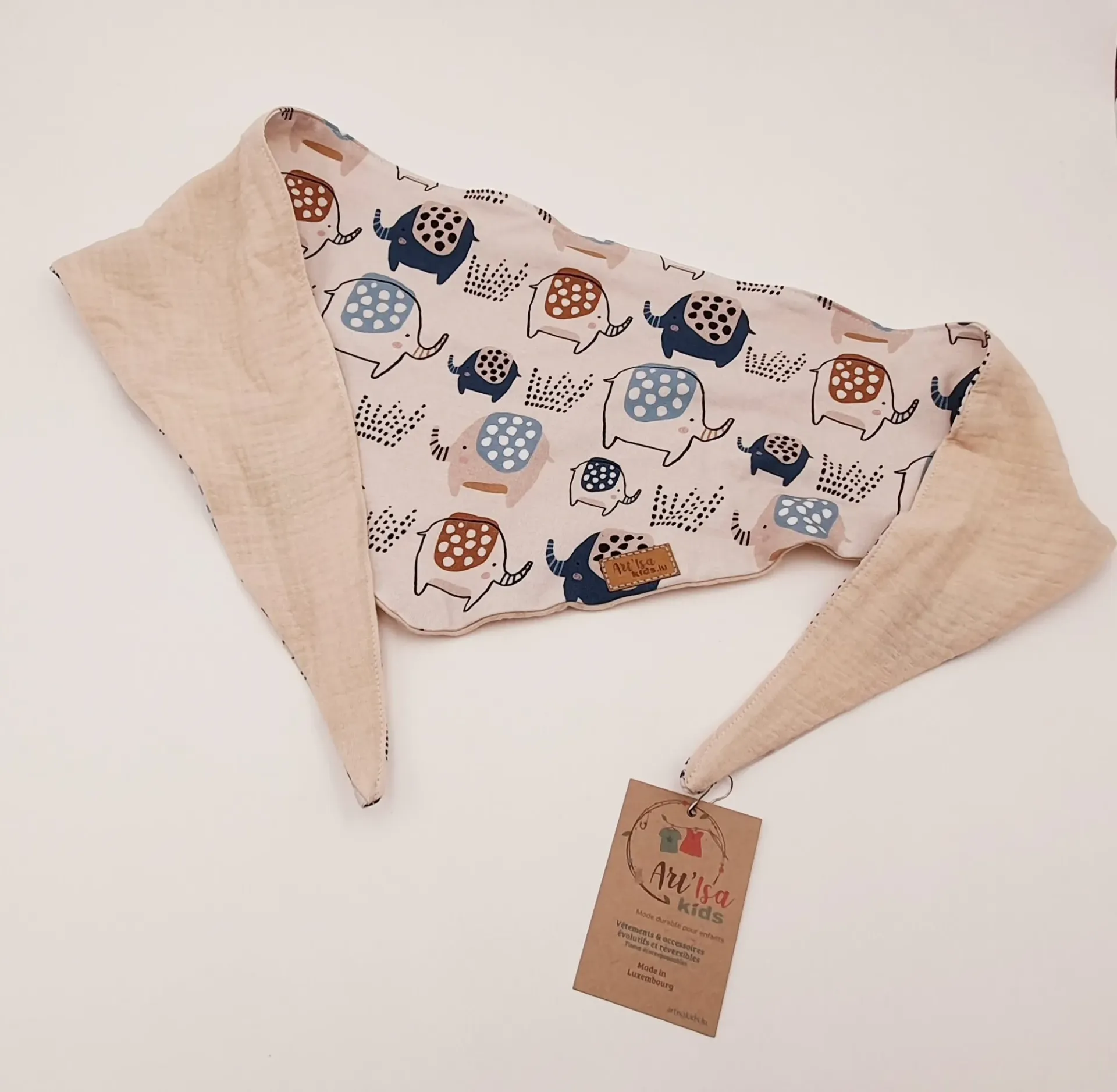 Foulard triangle jersey léger (double gaze) ELEPHANTS BEIGES (T1 (6-18M))