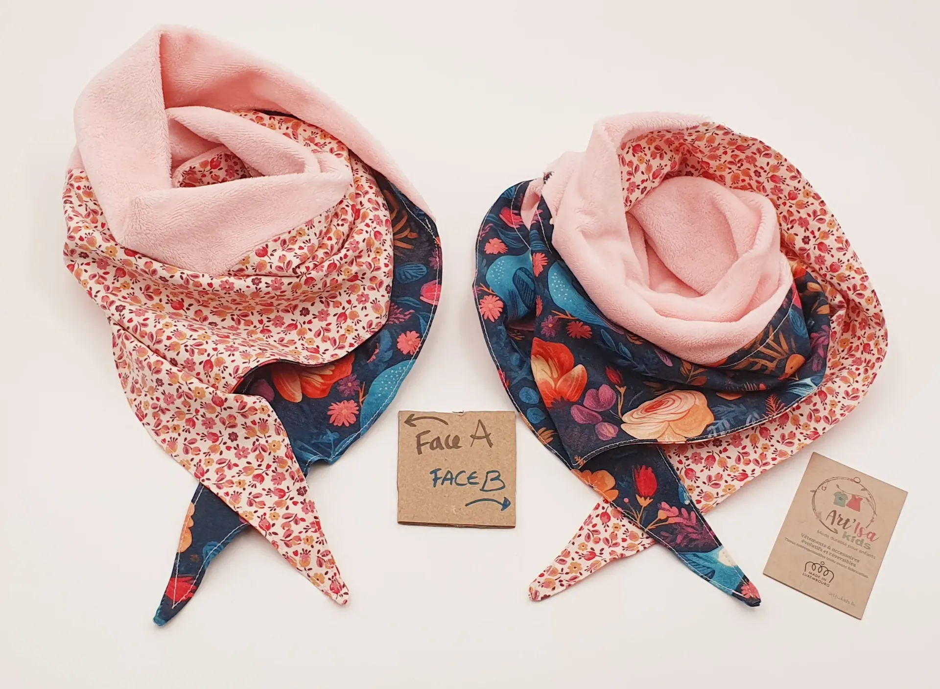Foulard triangle reversible coton/minky OISEAUX