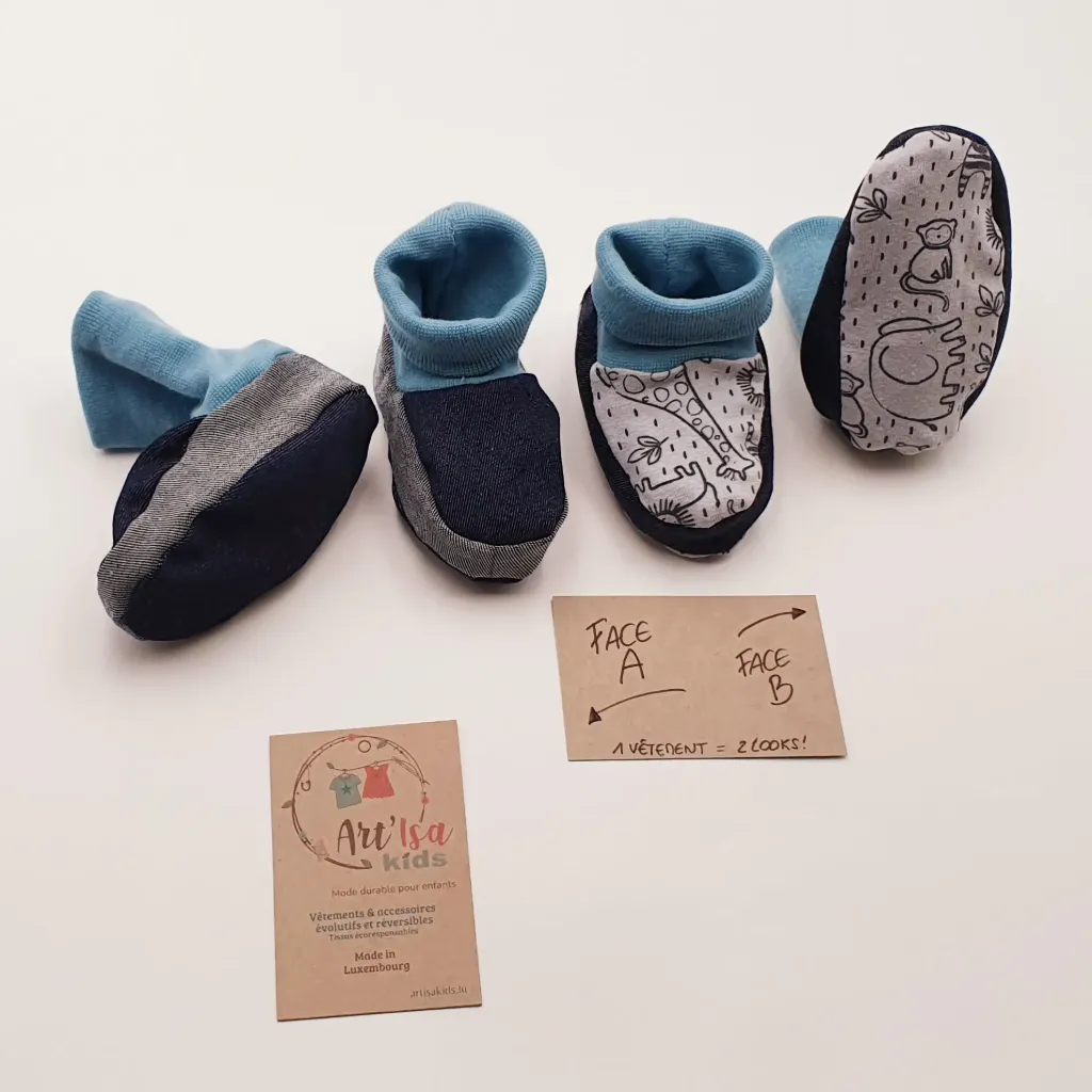 Chaussons réversibles ANIMAUX BEIGES / JEANS (T0 (0-9M))