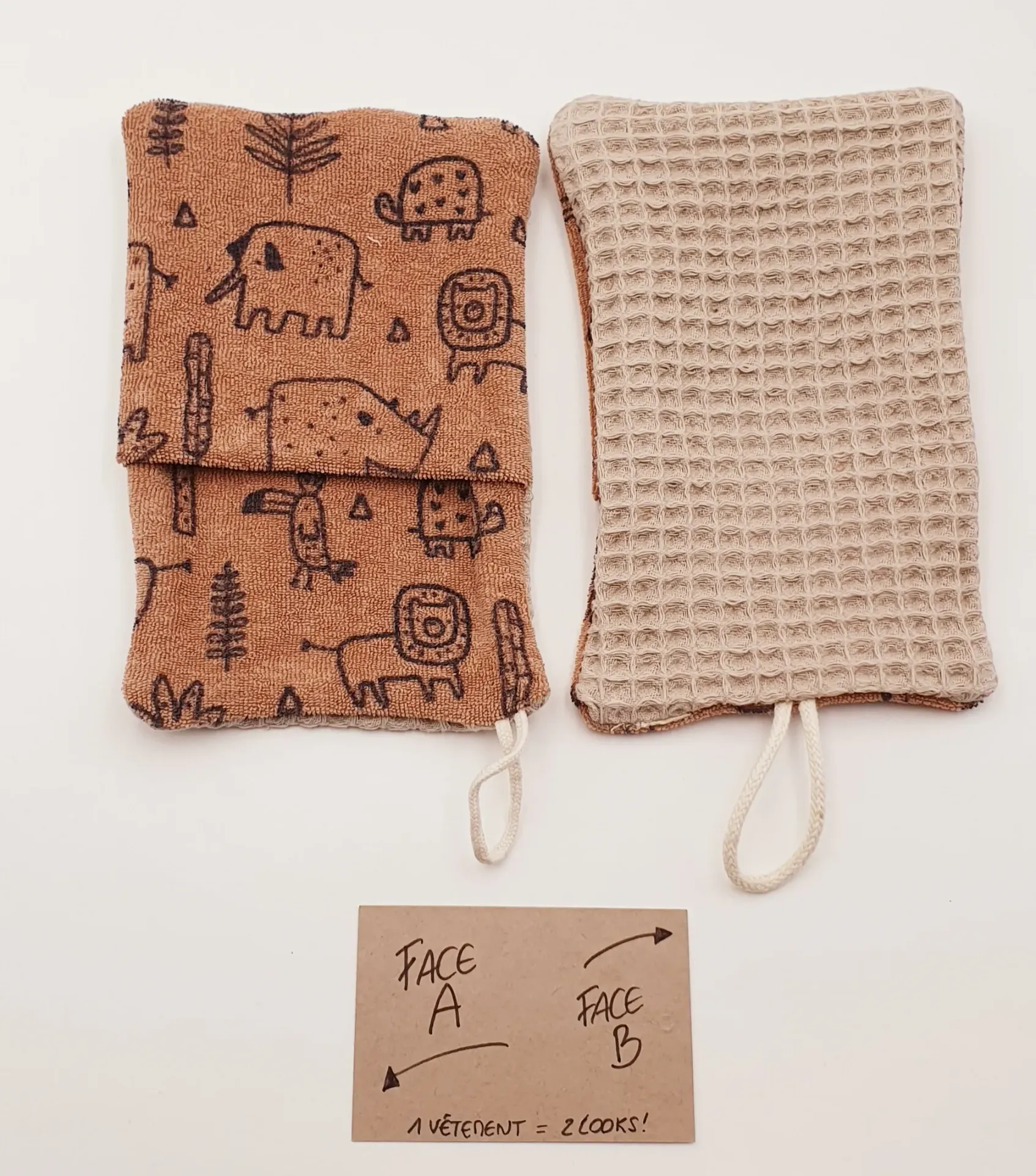 Gants de toilette éponge ANIMAUX beiges ou terracotta ou dinos bleus