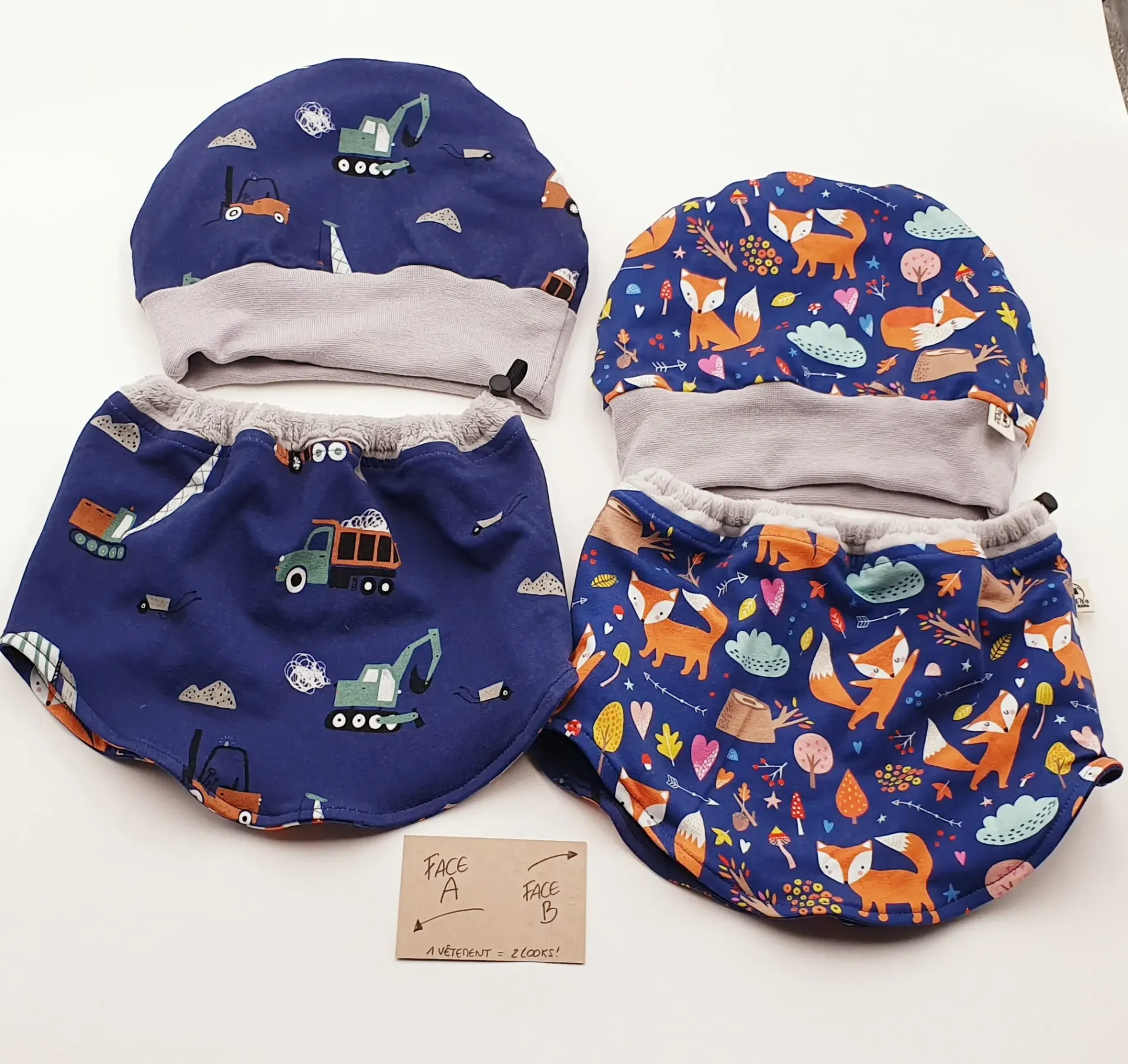 Ensemble bonnet et col réversibles et évolutifs CHANTIERS et RENARDS