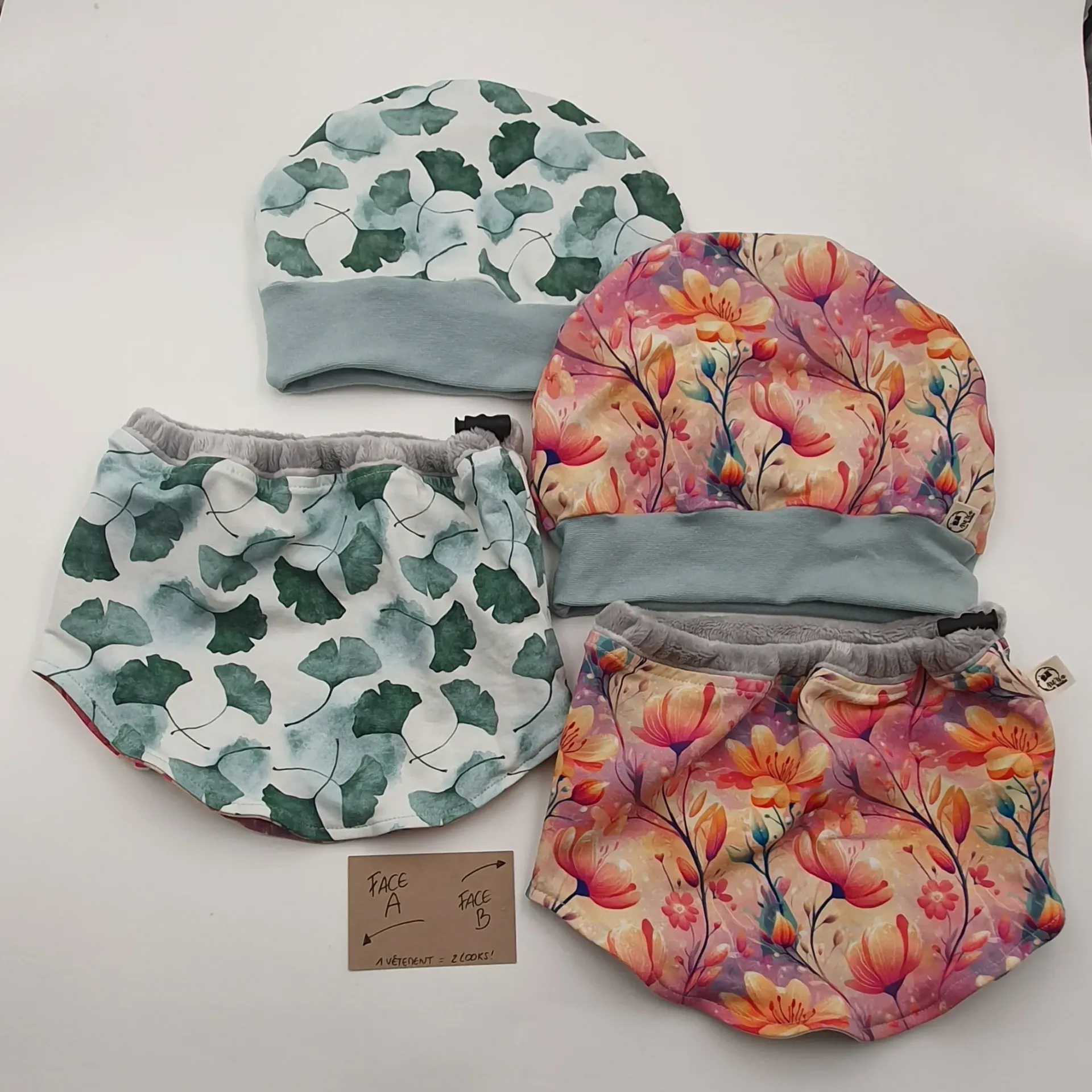 Ensemble bonnet et col réversibles et évolutifs FLEURS & GINKO