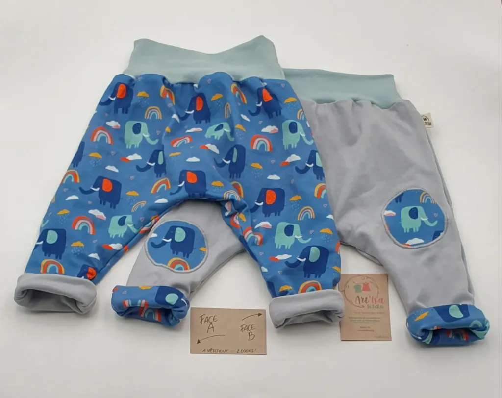 Sarouel réversible et évolutif (+écussons) ELEPHANTS BLEUS (Taille 1 (3-9M))