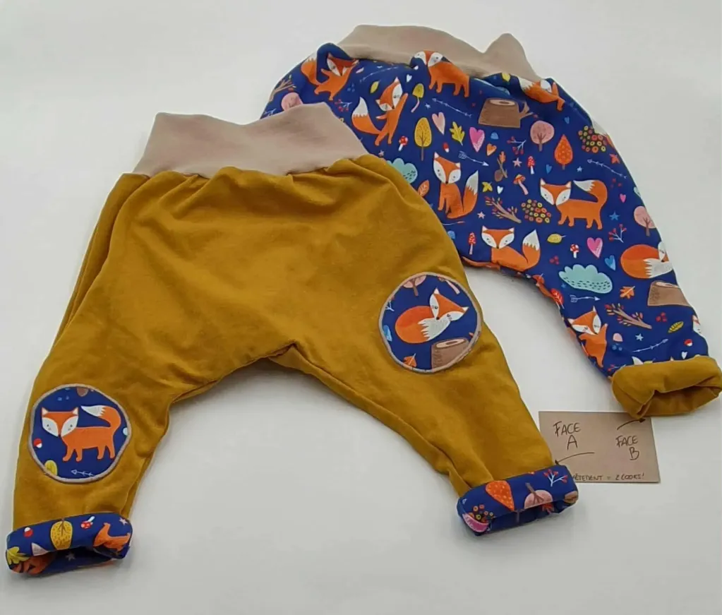 Sarouel réversible et évolutif (+écussons) RENARDS BLEUS (Taille 1 (3-9M))