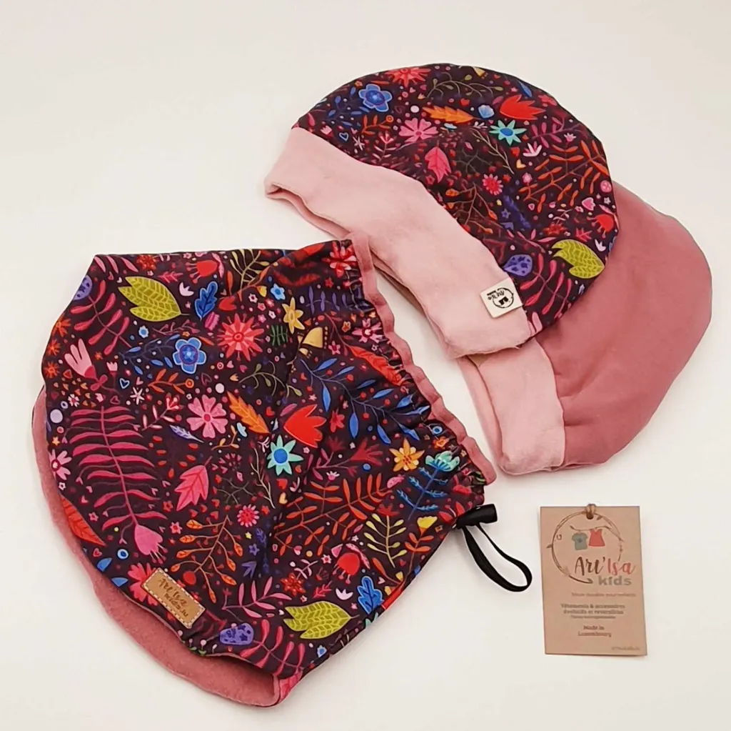 Ensemble bonnet et col réversibles et évolutifs chauds FLEURS D'AUTOMNE