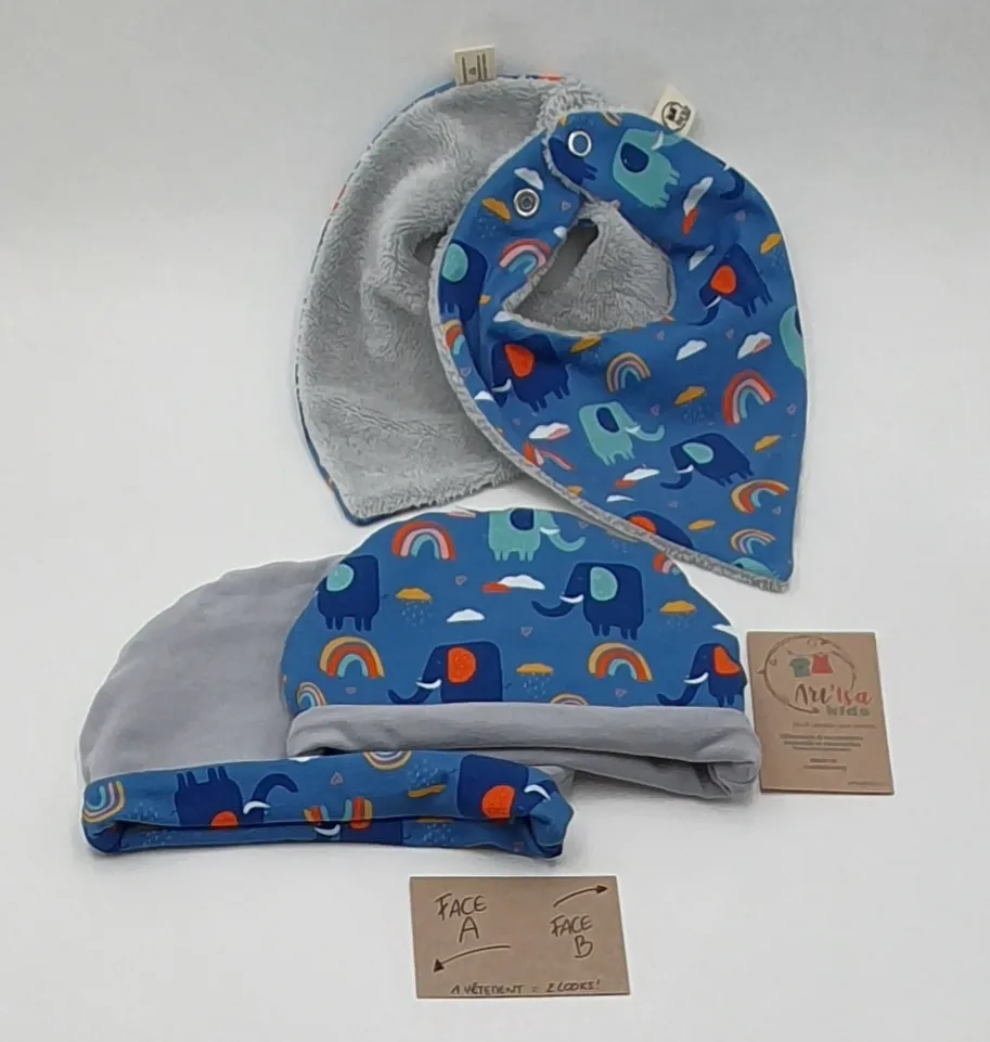 Ensemble bonnet + bandana absorbant ELEPHANTS BLEUS