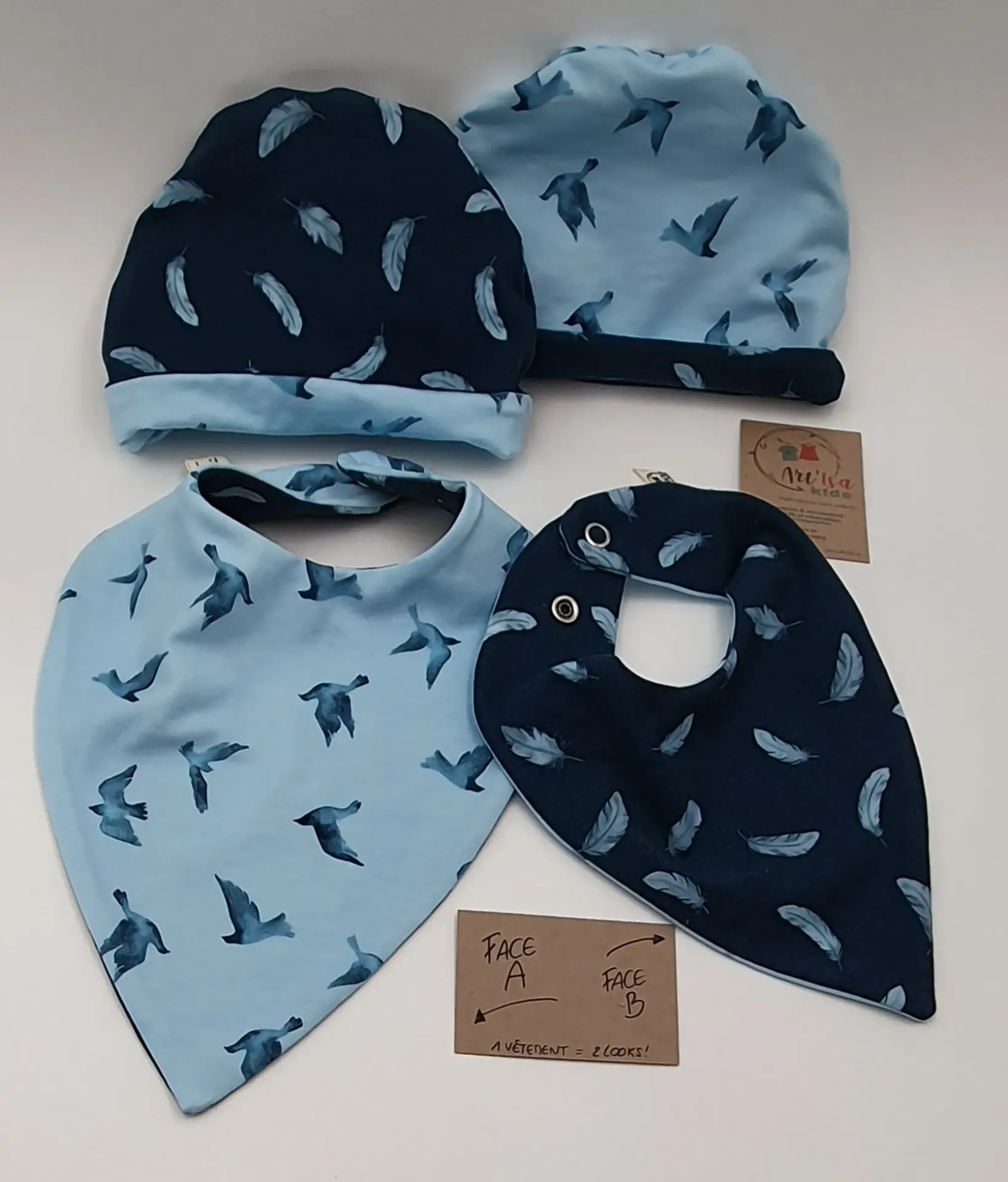 Ensemble bonnet + bandana léger OISEAUX BLEUS