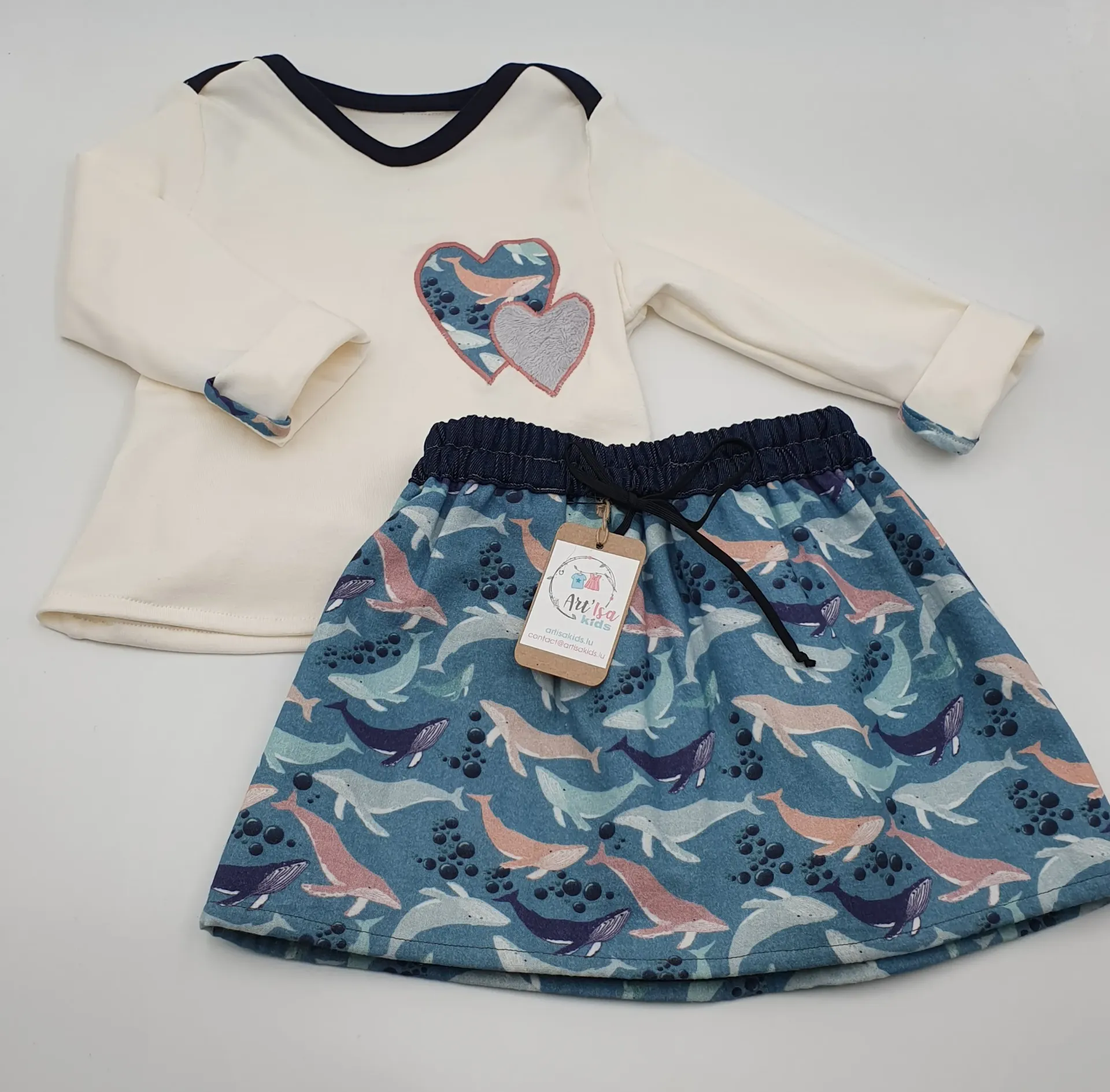 Ensemble BALEINES (jupe + t-shirt m.l+gilet)