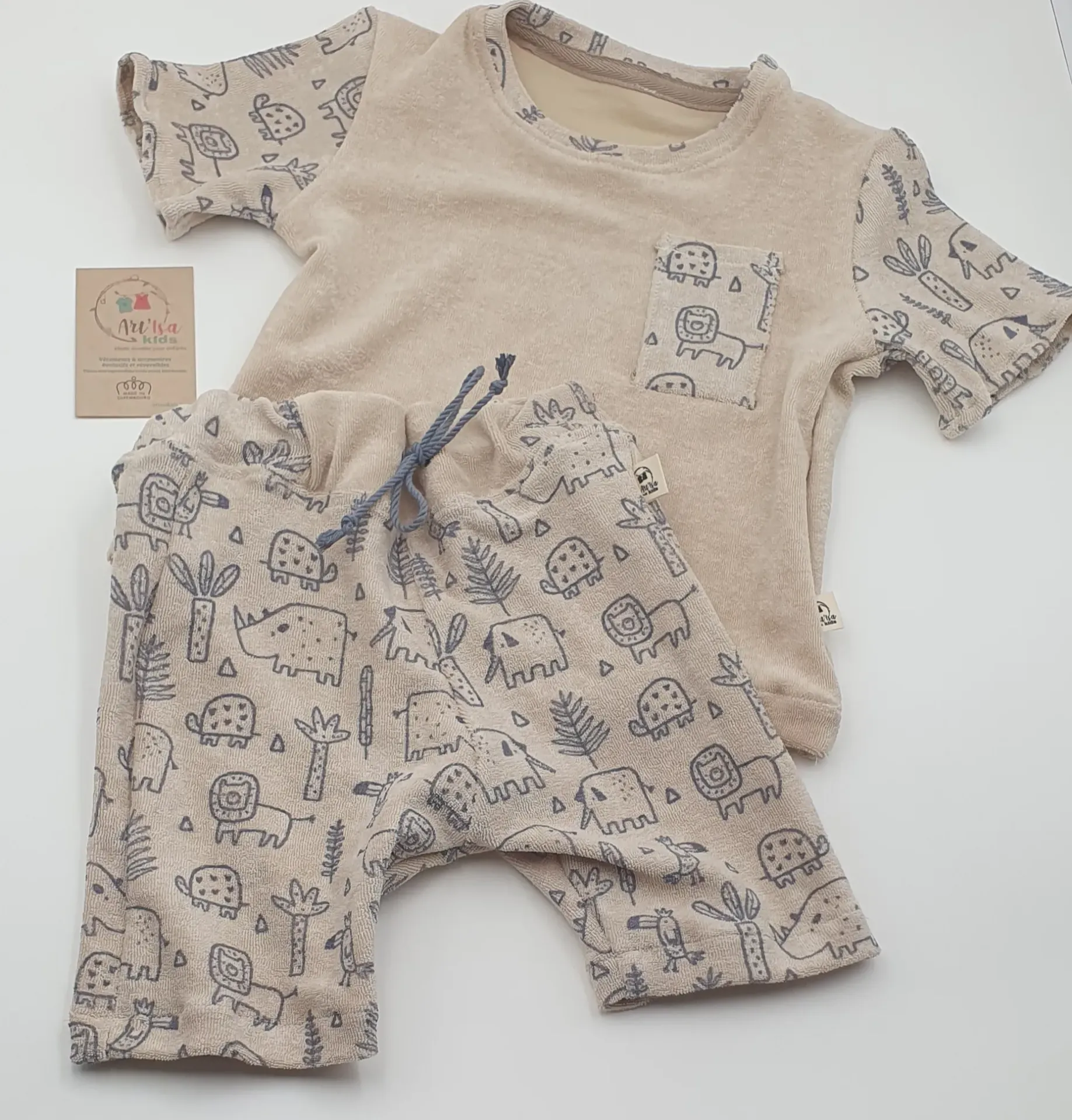 Ensemble d'été en éponge (coton) Short/T-shirt ANIMAUX BEIGES