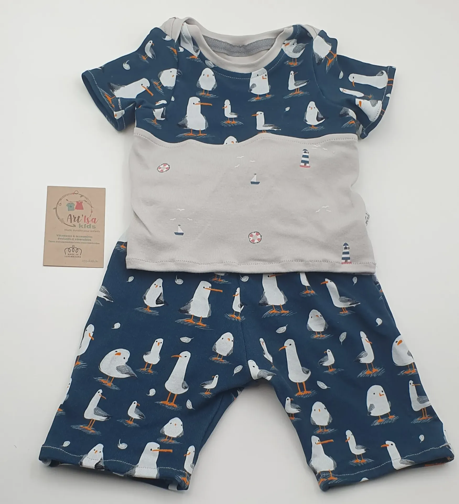Ensemble d'été en jersey (coton) Short/T-shirt MOUETTES (T1 (3-9M) ceinture borcôte)