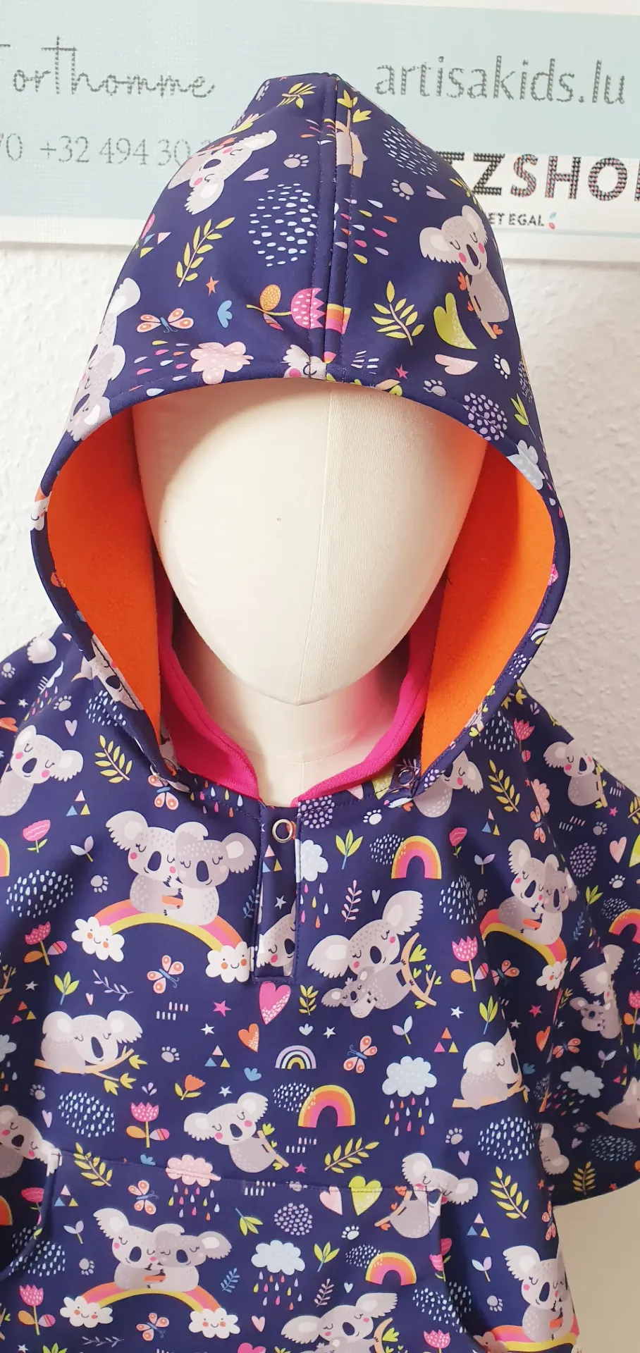 Cape softshel (capuche amovible) KOALAS (T0 '0-9M), Cape avec capuche amovible (modèle complèt))